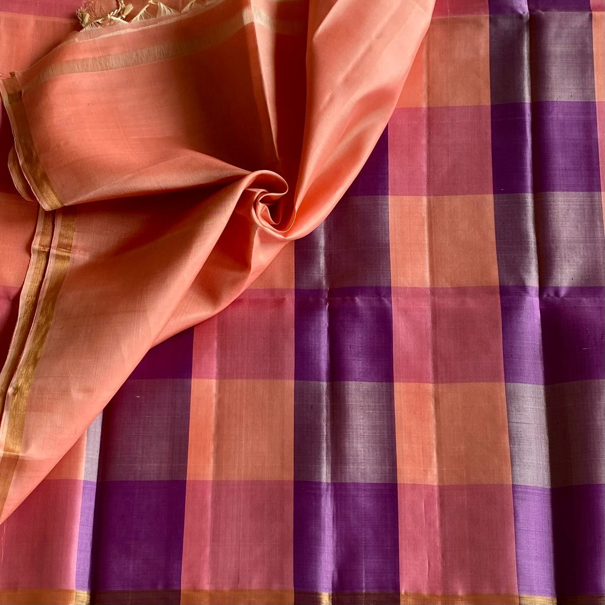 Shades of Lavender, Peach Checkered Designer Pure Silk