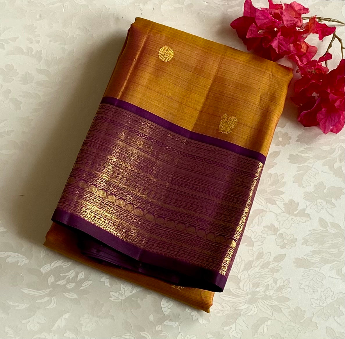 Royal Purple Mustard Gold Brocade Silk Saree Wedding Festive Traditional