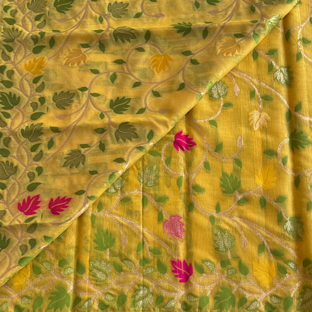 Mustard Yellow Sheer Saree Fuchsia Floral Silver Zari Tassel Edging