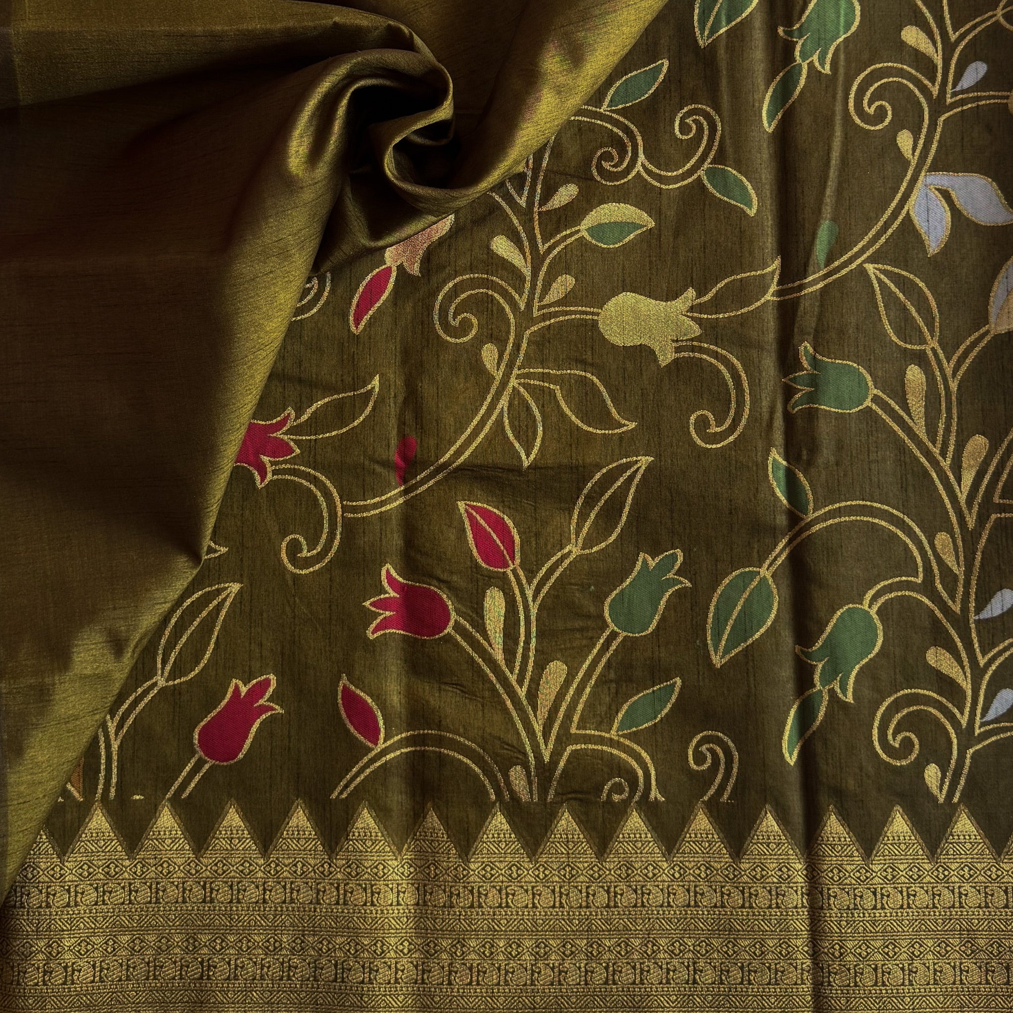 Olive Green Gold Zari Floral Saree With Tassel Pallu Traditional