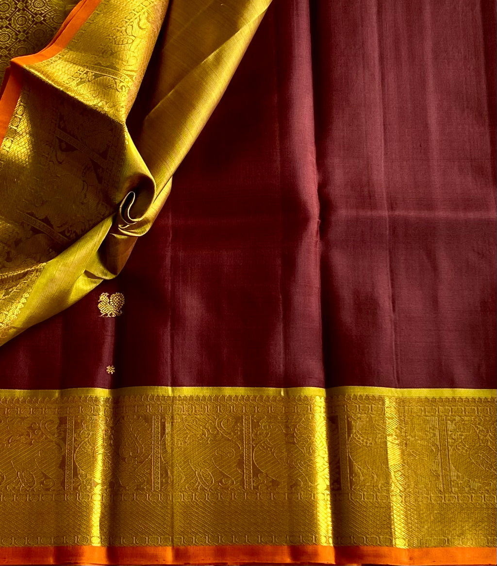 Golden Brocade Silk Saree with Maroon Pallu and Peacock Border