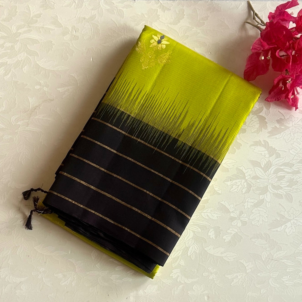 Chartreuse Navy Zari Saree Woven Chevron Motif Festive Traditional Silk