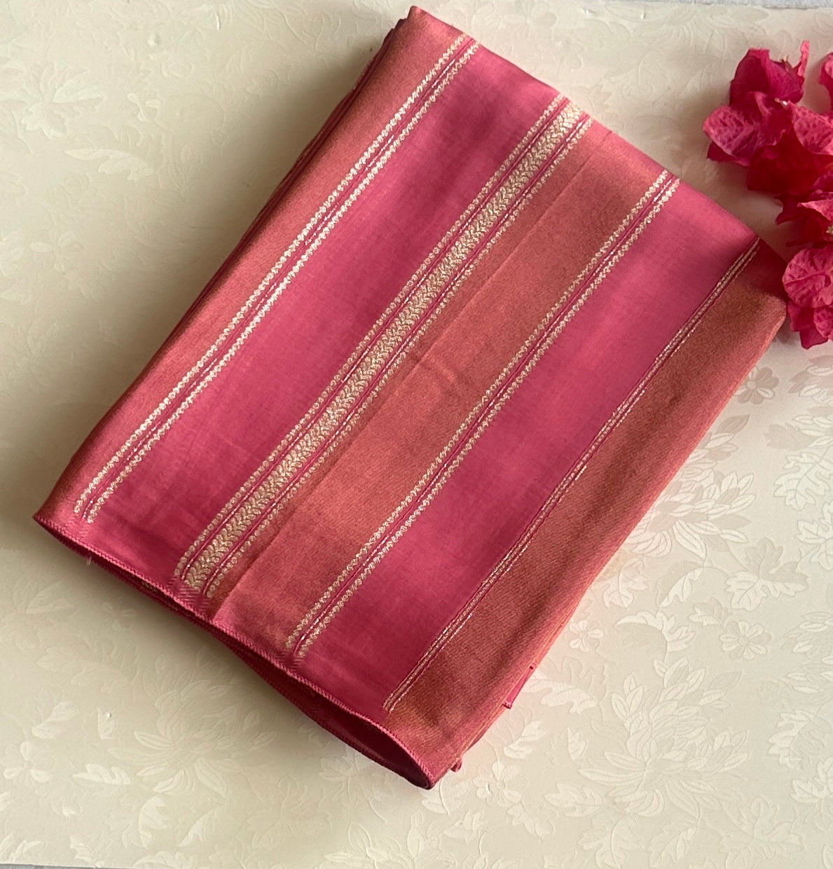 Shades of Rose pink designer blended soft silk with zari stripes and contrast brown stunner blouse