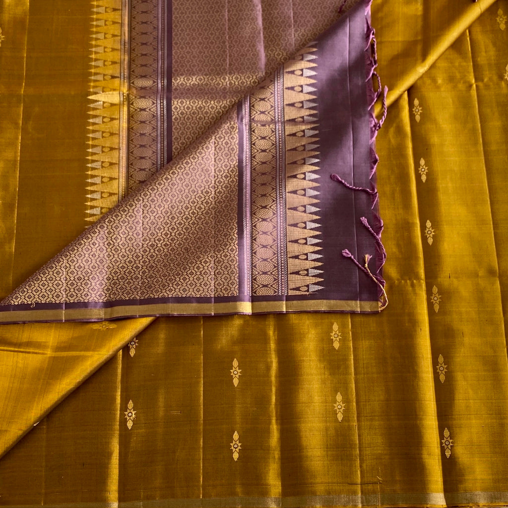 Mustard Gold Designer Pure Silk Saree With Plum Purple Pallu