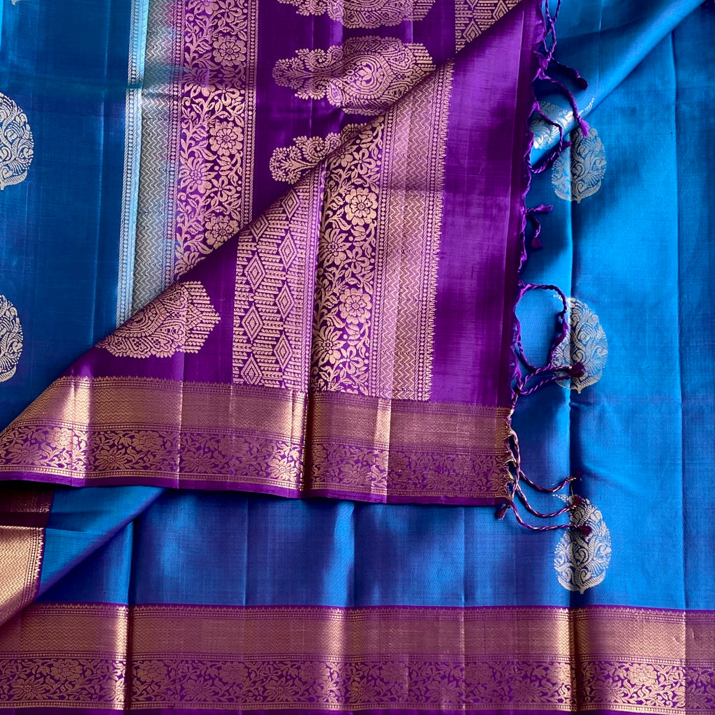 Dual Shaded Peacock Blue Designer Pure Silk Saree With Violet Purple Pallu