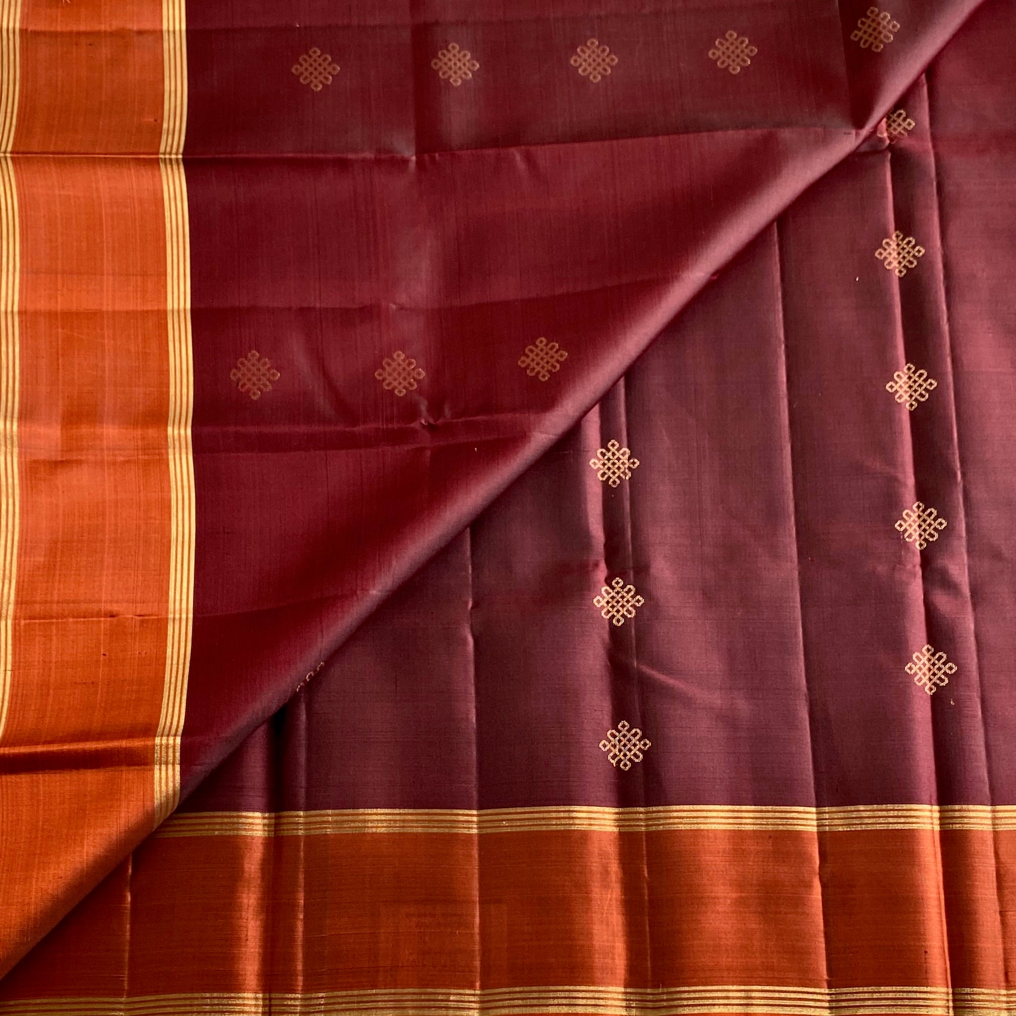 Sun-kissed Brown Designer Pure Silk Saree With Rust Orange Kollam Stunner