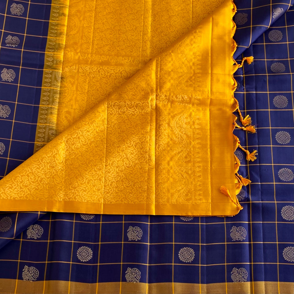 Indigo Blue Designer Pure Silk Saree With Mustard Yellow Pallu