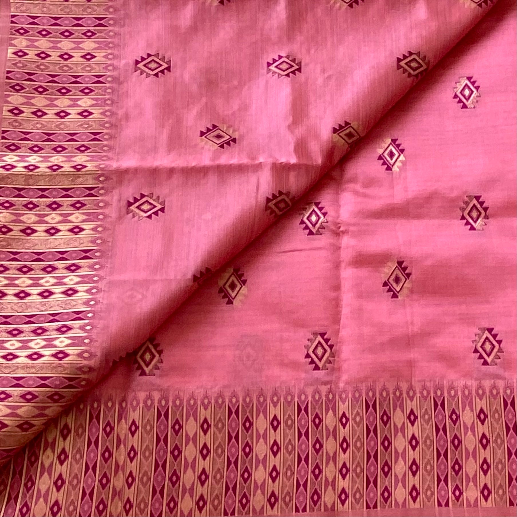 Rose Pink Silk Saree with Gold Zari Diamond Pallu Border