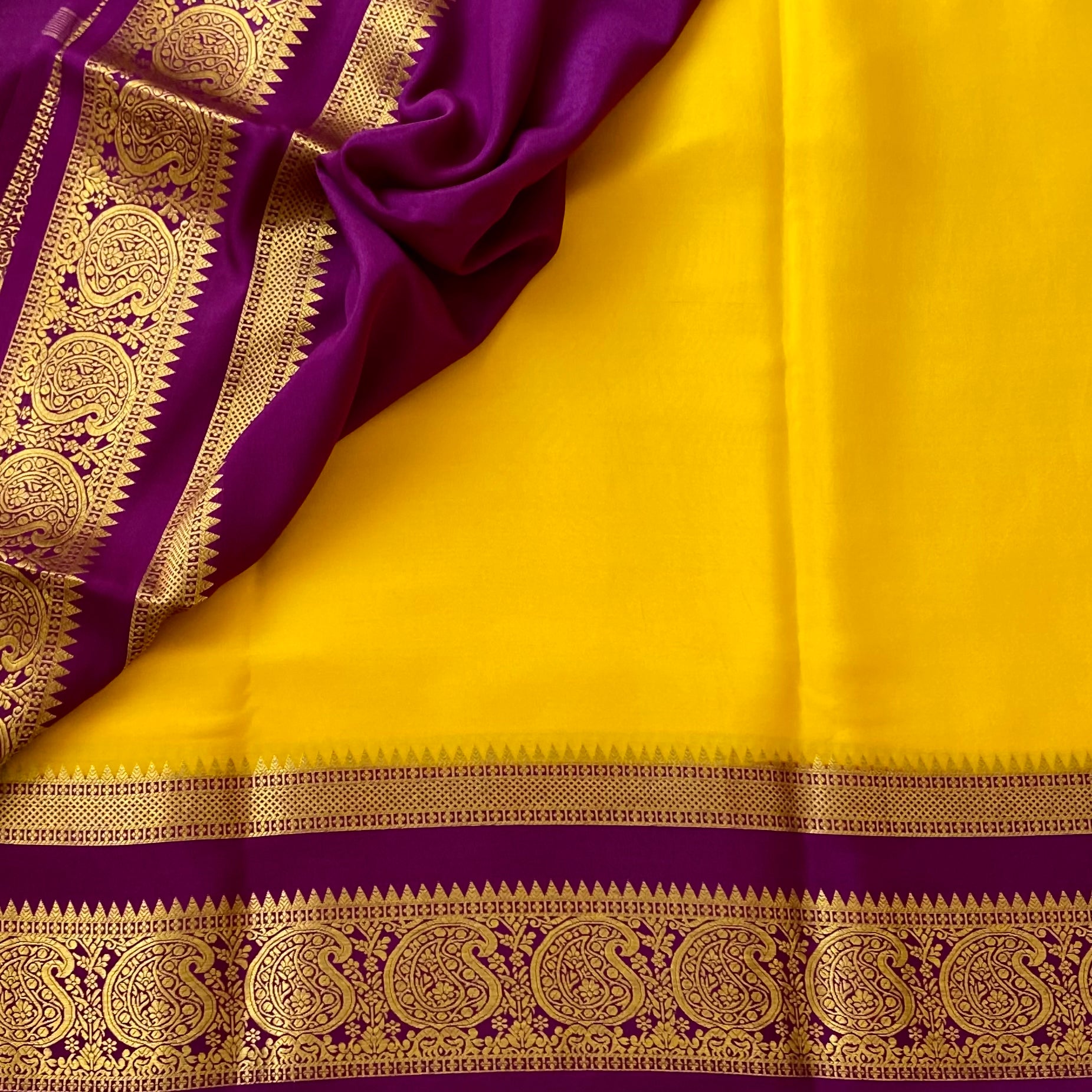 Golden Yellow with Stunning Magenta Pure Mysore Silk saree
