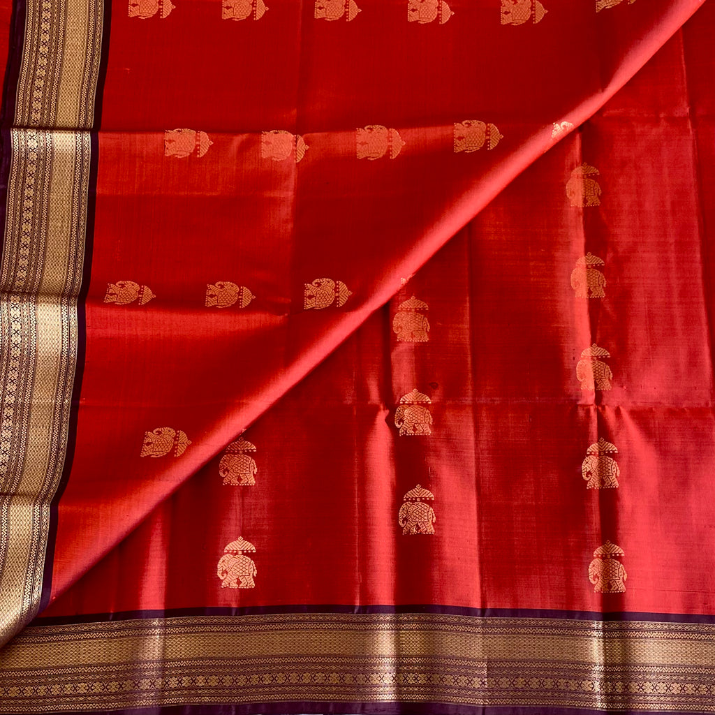 Burnt Orange Silk Saree Maroon Pallu Gold Elephant Buttas Zari