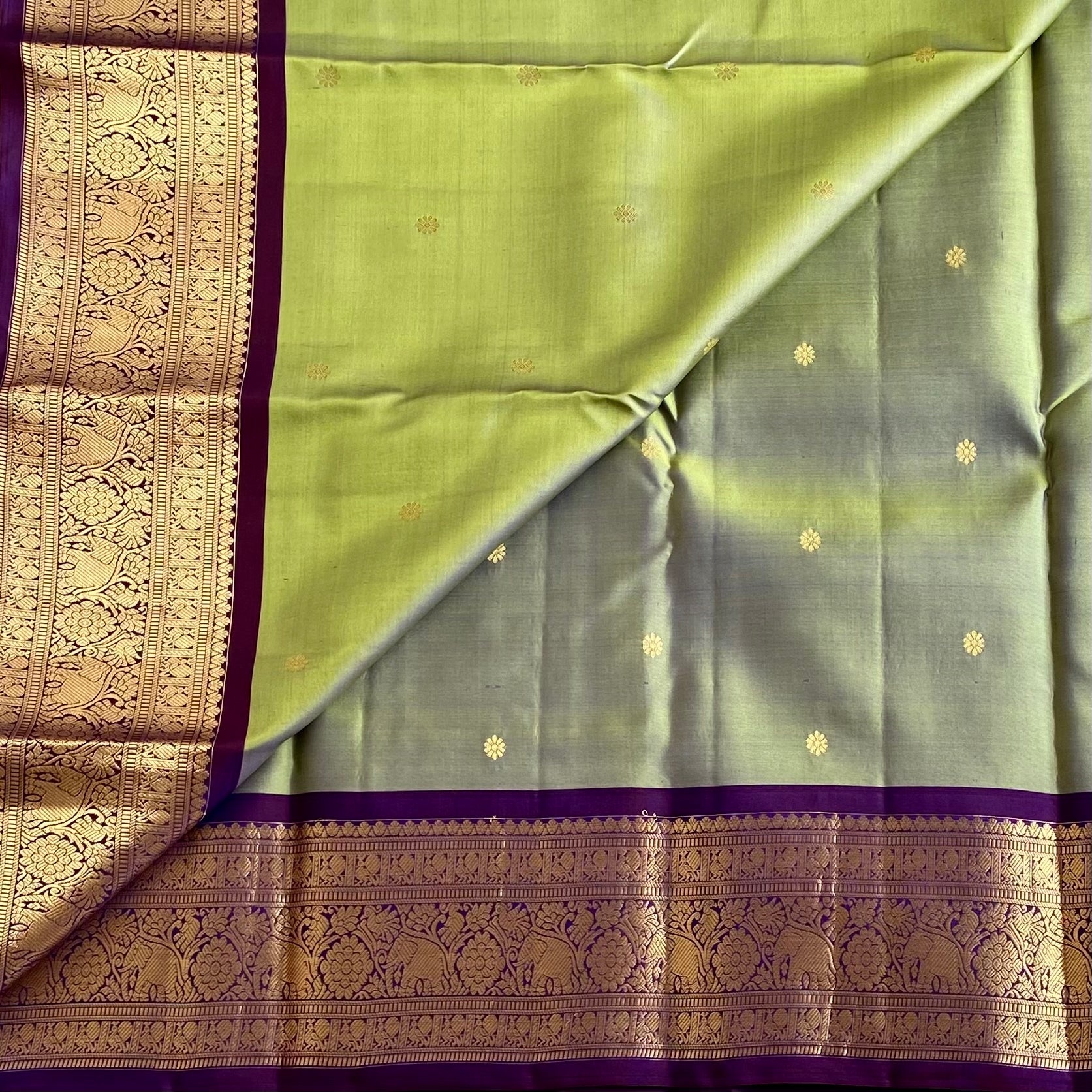Dual shaded Sage Green Designer Pure Silk Saree With Royal Purple Pallu