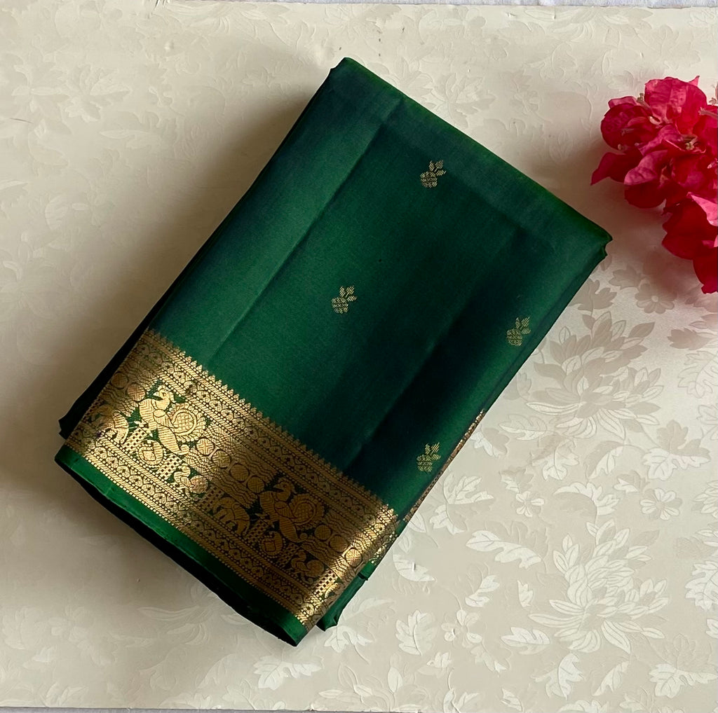 Teal Silk Saree Antique Gold Zari Elephant Border Tassels Traditional