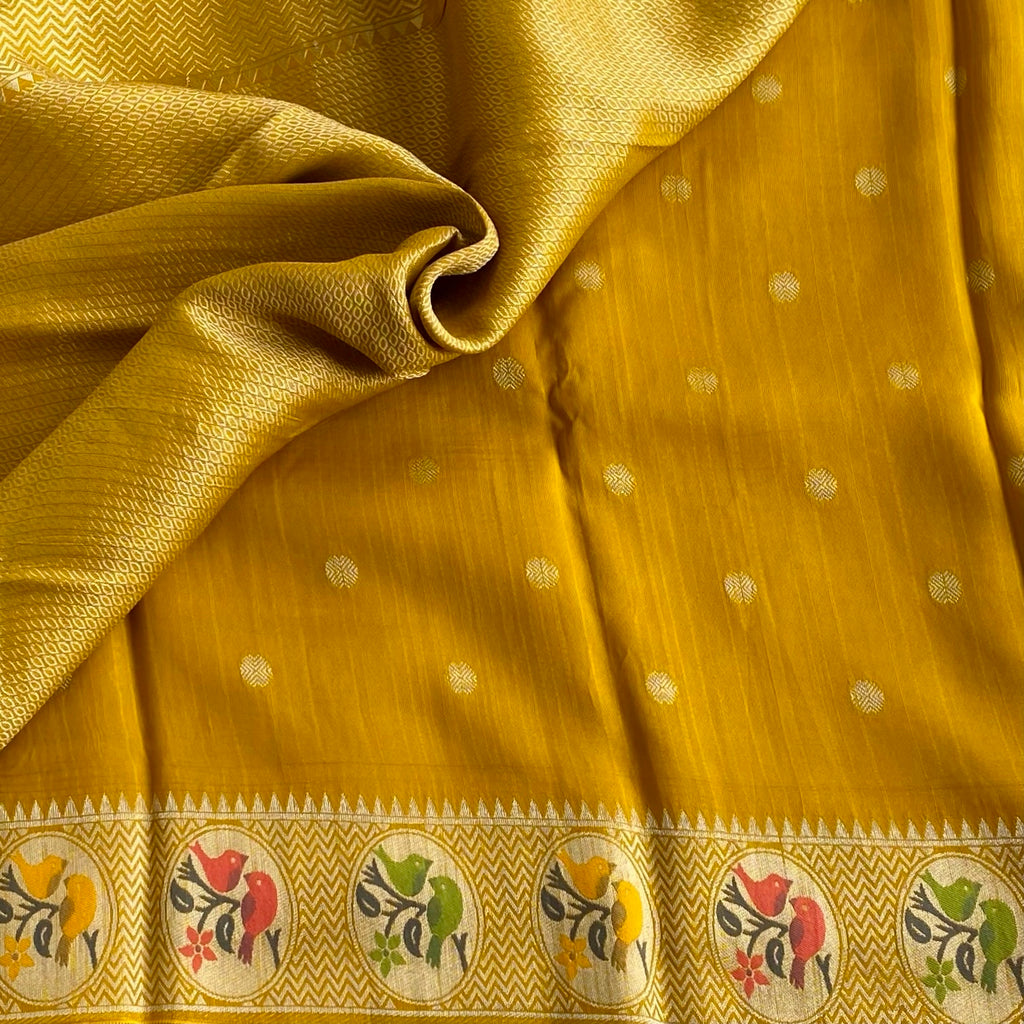 Mustard Yellow Soft Tussar Silk Saree With Olive Green Medallion Pallu