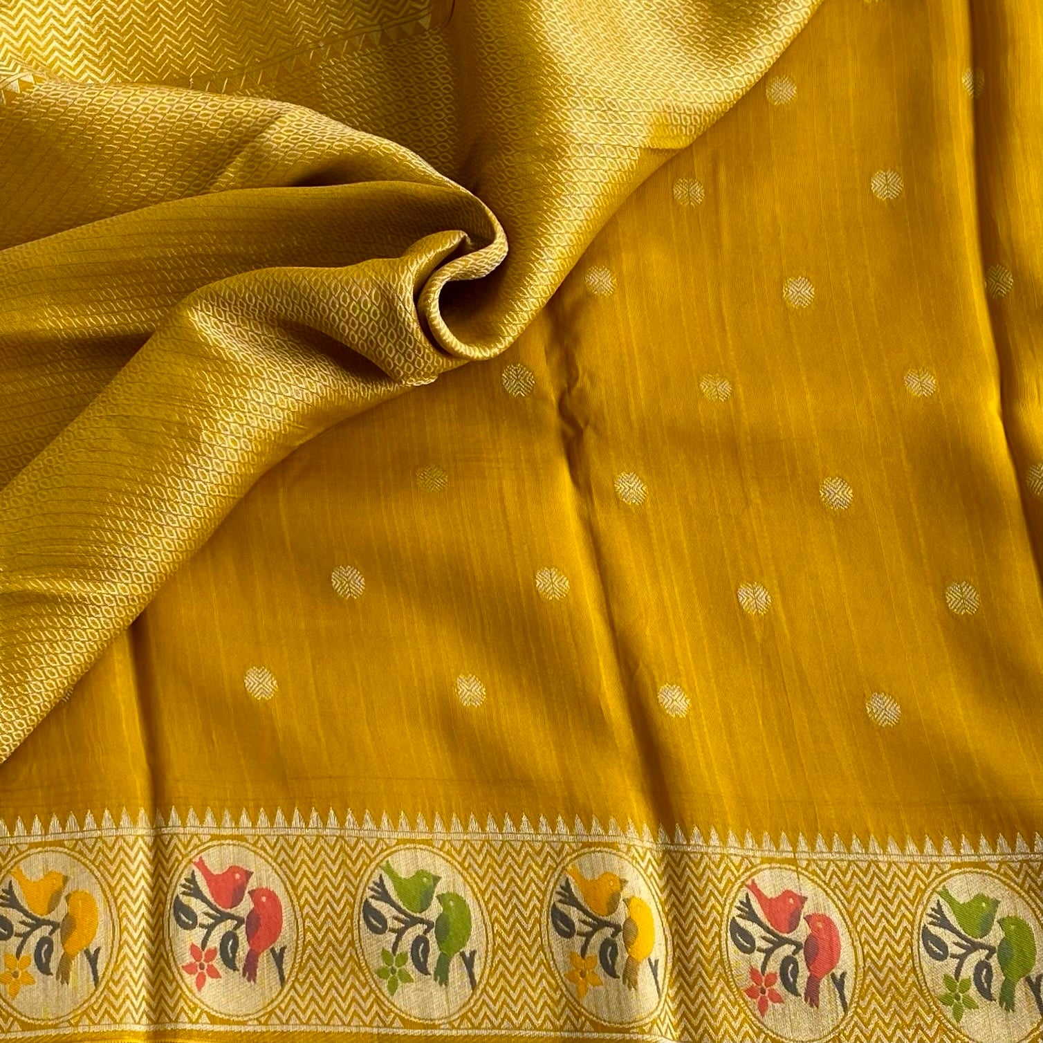 Mustard Yellow Soft Tussar Silk Saree With Olive Green Medallion Pallu
