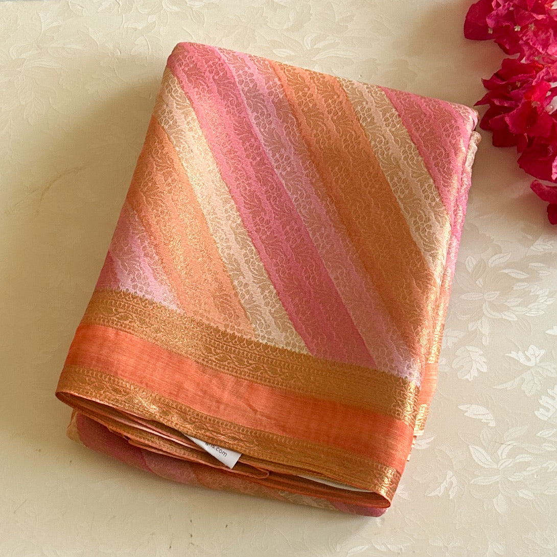 Coral Orange Silk Saree Rose Pink Stripes Gold Brocade Pallu