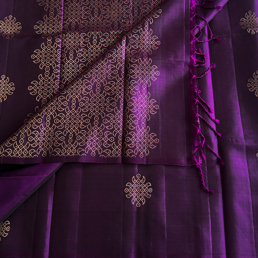 Violet Saree Rose Gold Lattice Motif Tasseled Pallu Festive Designer