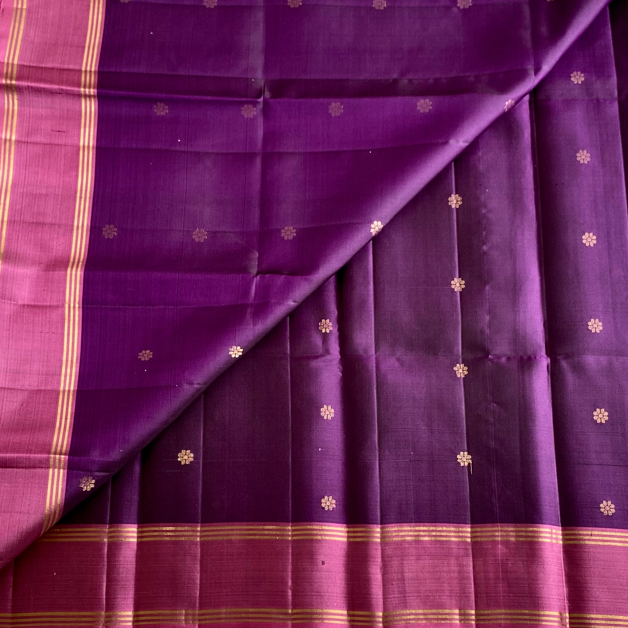 Deep Purple Designer Pure Silk Saree With Metallic Pink Pallu