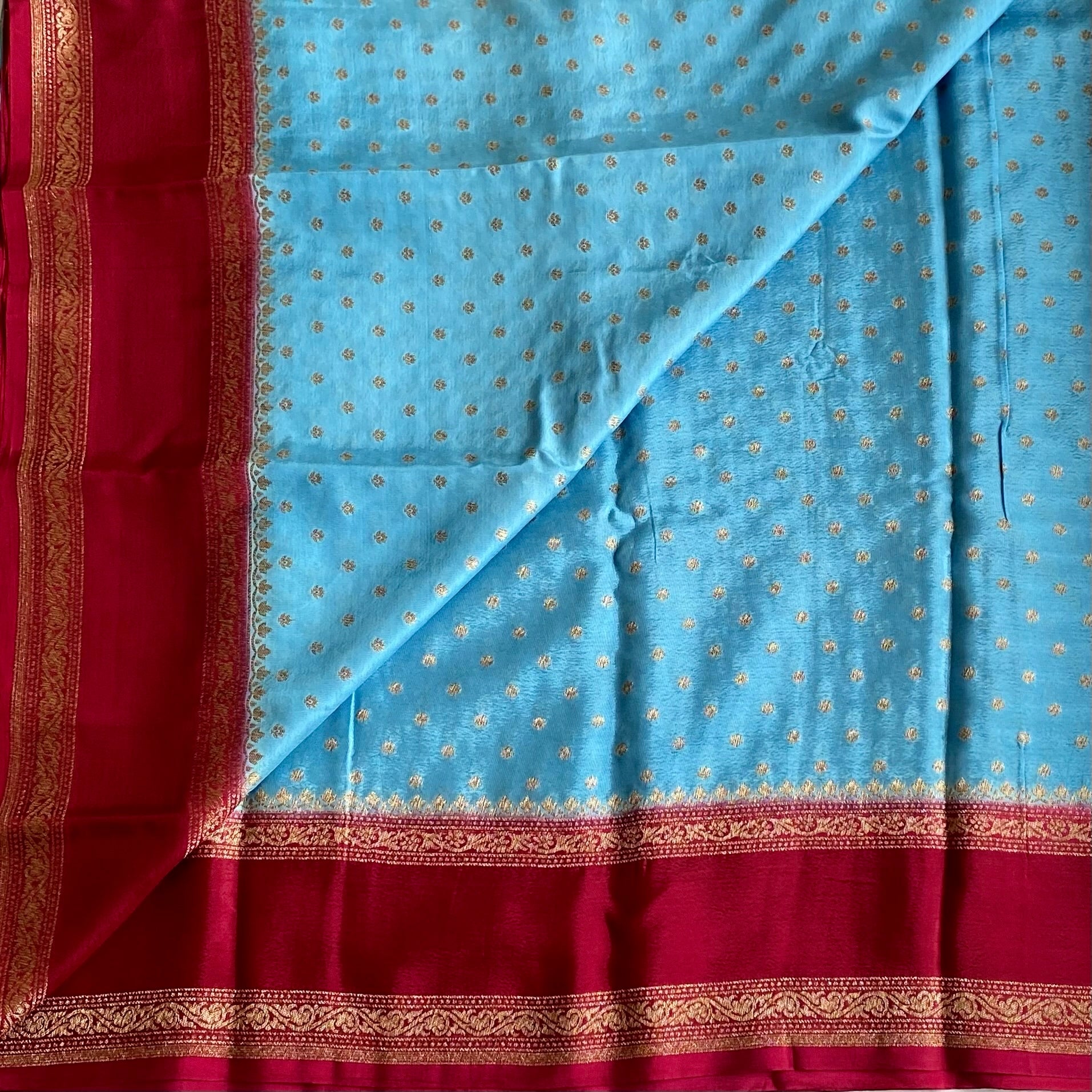 Rare Sky Blue Banarasi Crepe Silk Saree With Deep Maroon Panels