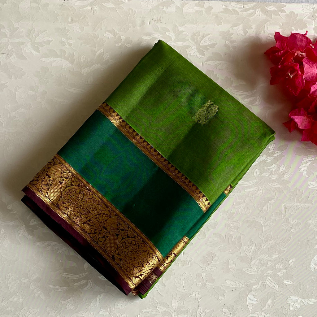 Leaf Green Designer Pure Silk Saree With Plum Purple Pallu
