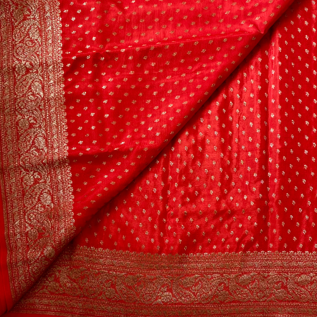 Scarlet Banarasi Silk Saree Antique Gold Brocade Wedding Saree Traditional
