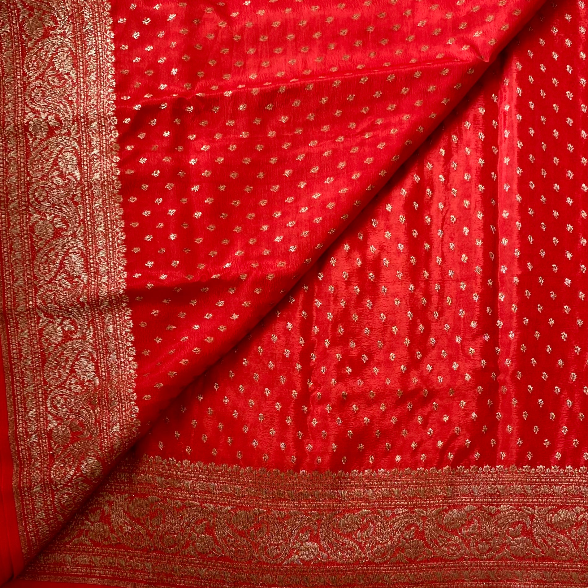 Scarlet Banarasi Silk Saree Antique Gold Brocade Wedding Saree Traditional