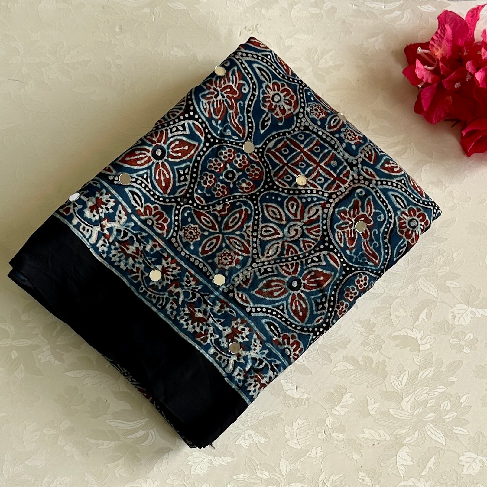 Indigo Blue AJRAKH HANDBLOCK PRINTED SILK Saree With Rust Red Paisley