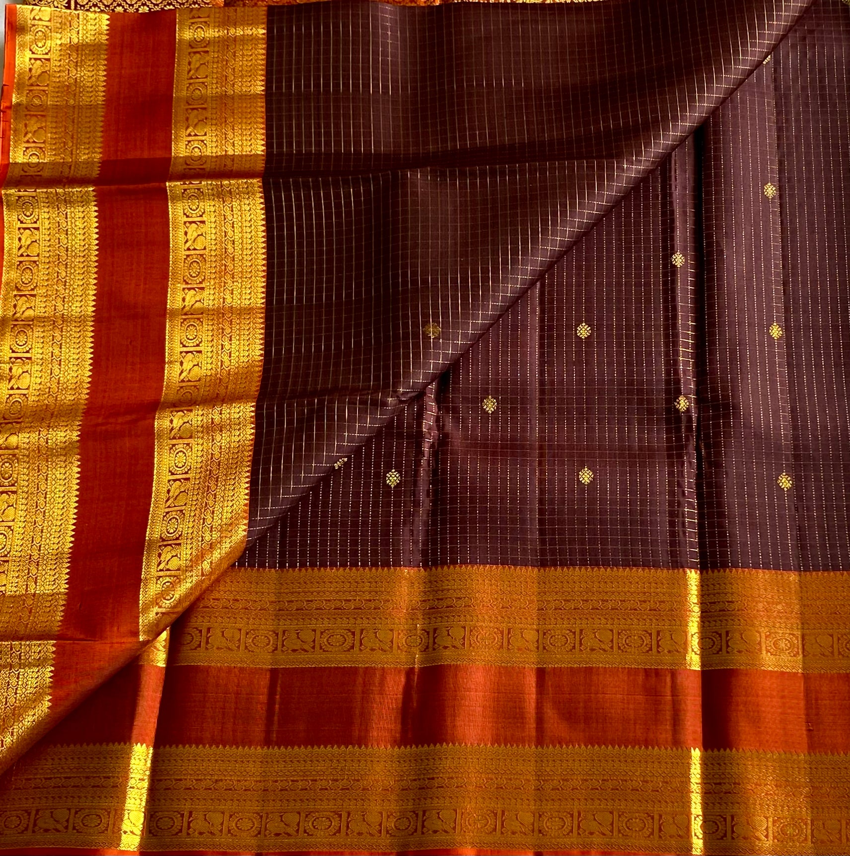 Rust Red Gold Brocade Silk Saree with Aubergine Contrast Pallu