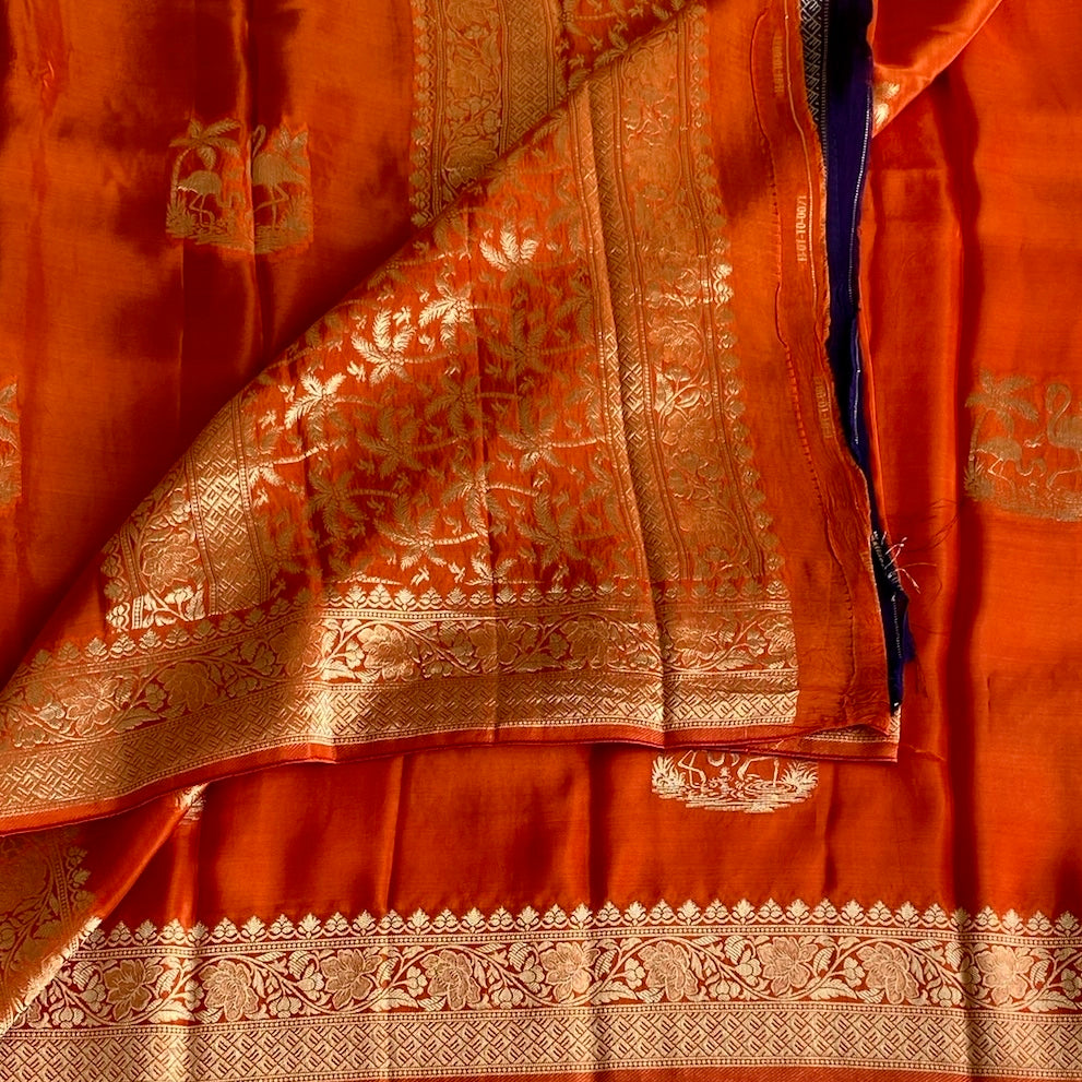 Burnt Orange Soft Crepe Silk Saree With Metallic Gold Pallu