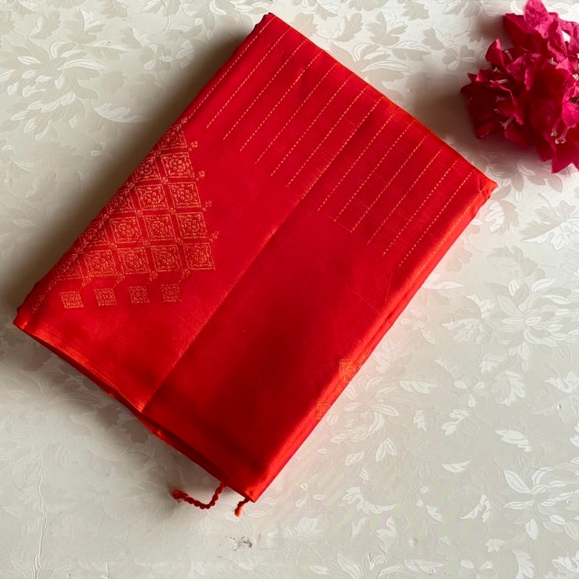 Crimson Orangish Red Designer Pure Silk Saree With Antique Gold Zari