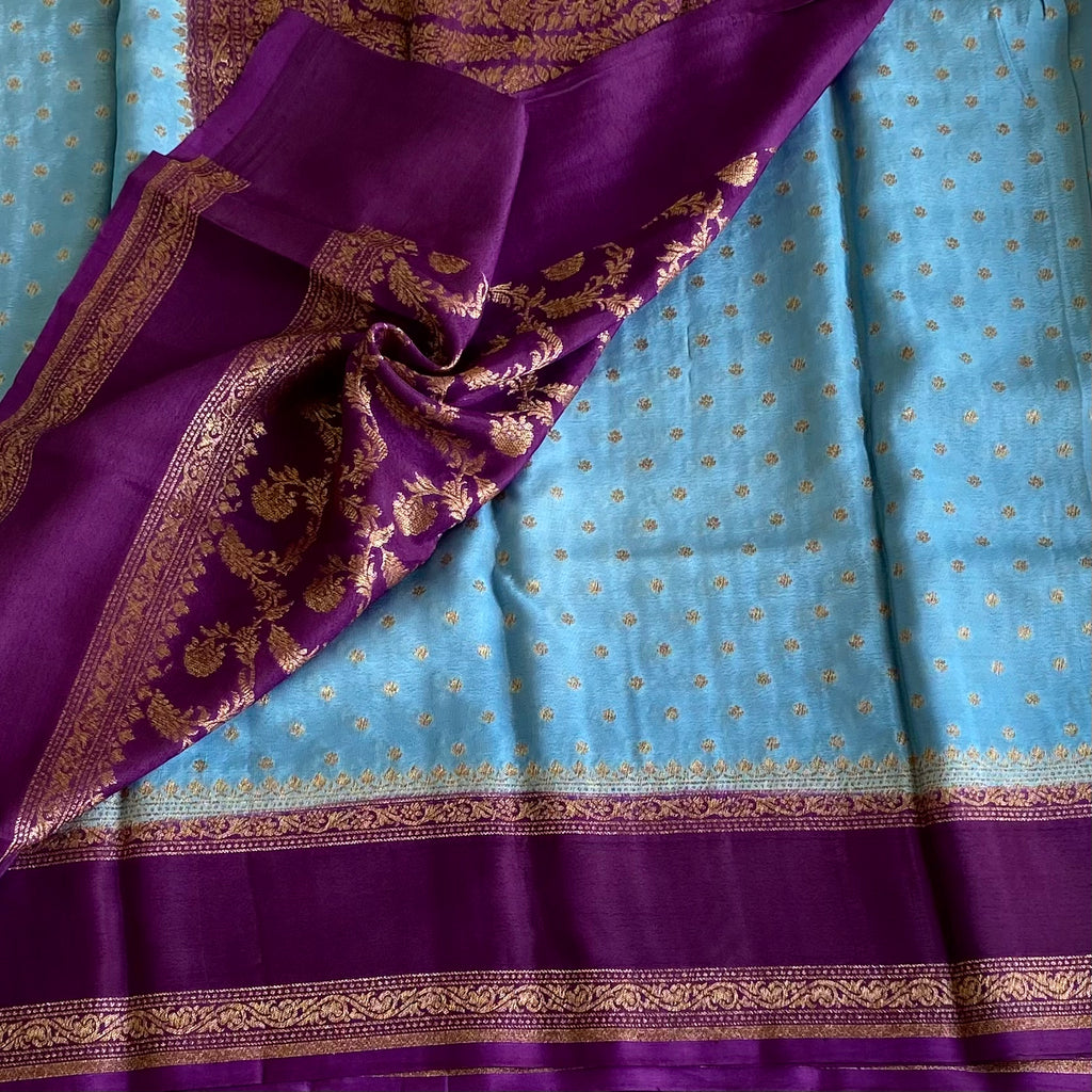 Sky Blue Banarasi Crepe Silk Saree With Royal Purple Pallu