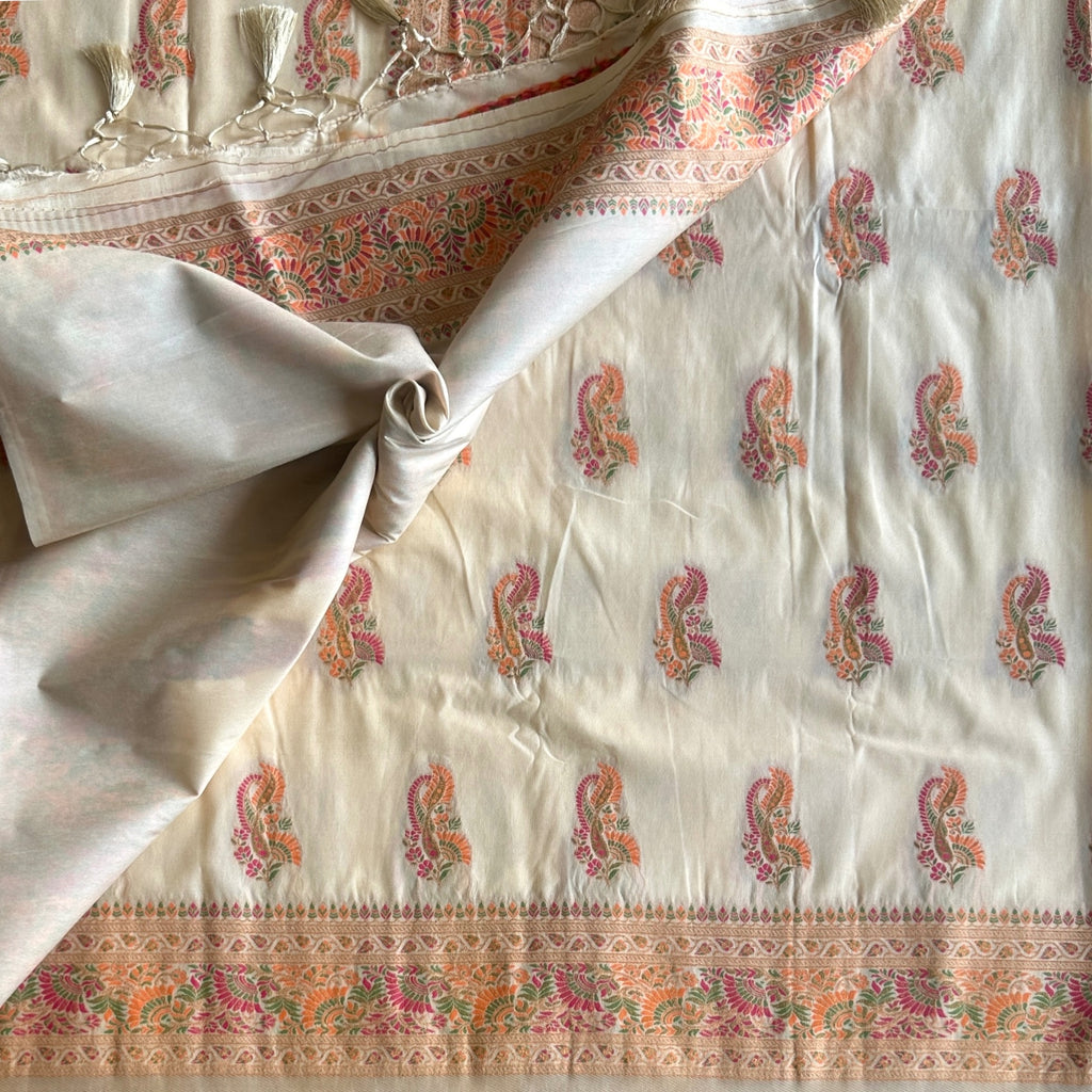 Pearl white Meenakari woven soft tussar designer beauty