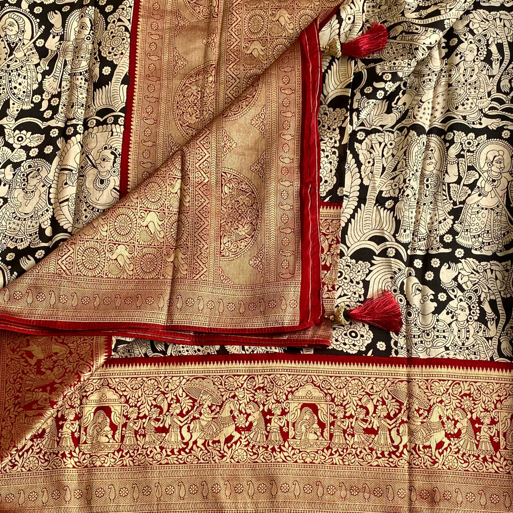 Jet Black Kalamkari Premium Soft Tussar Silk Saree With Maroon Red Pallu