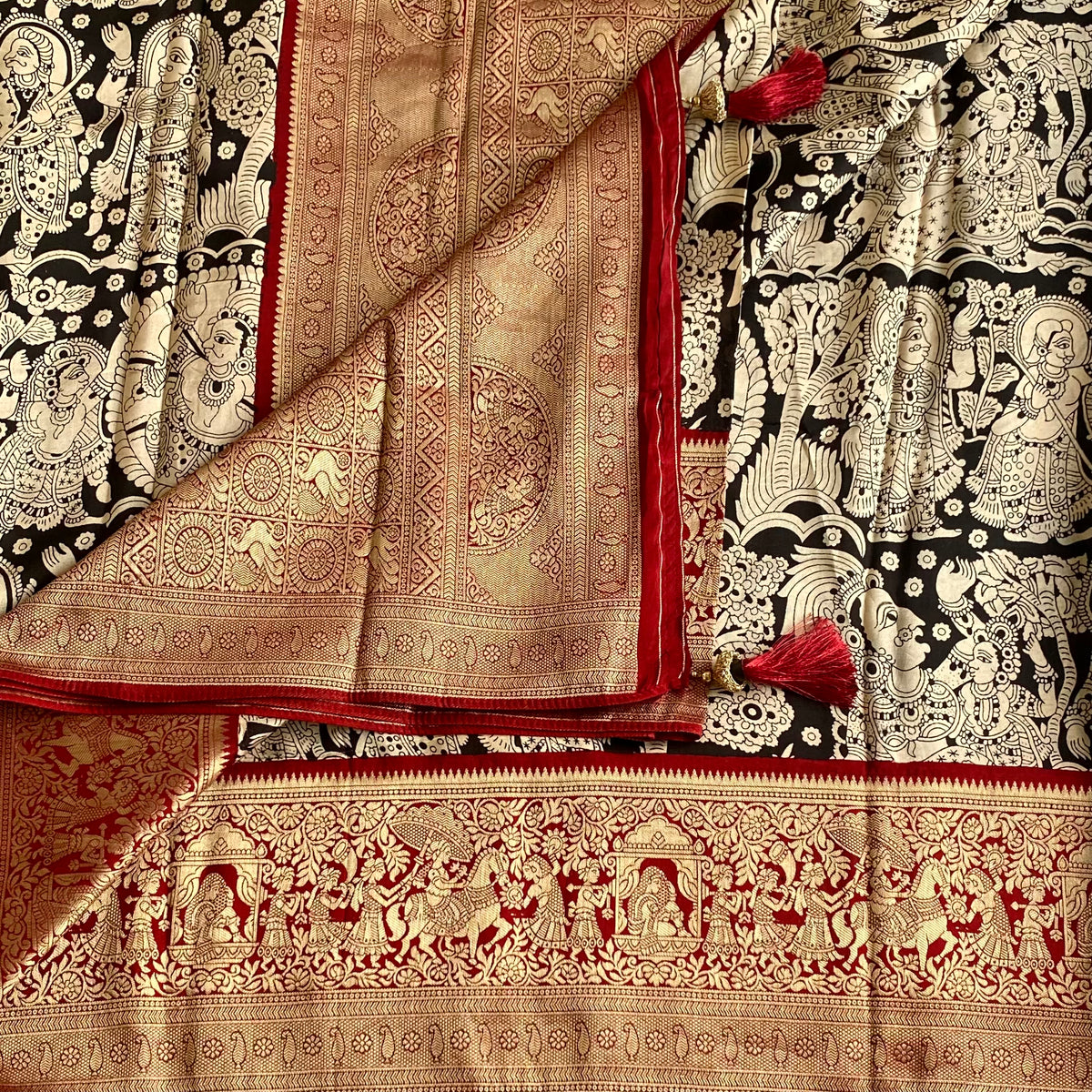 Jet Black Kalamkari Premium Soft Tussar Silk Saree With Maroon Red Pallu