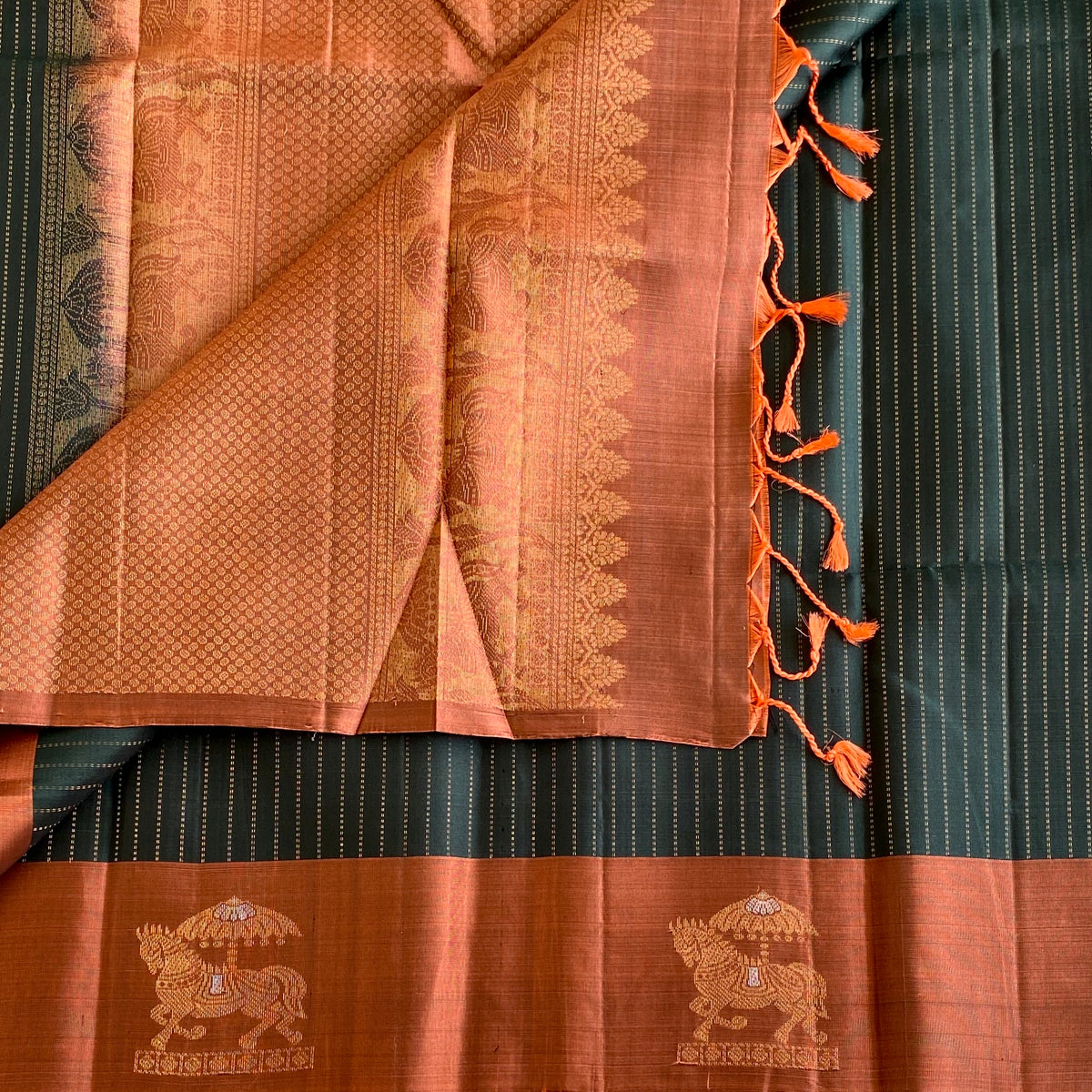 Deep Teal Green Designer Pure Silk Saree With Burnt Copper Pallu