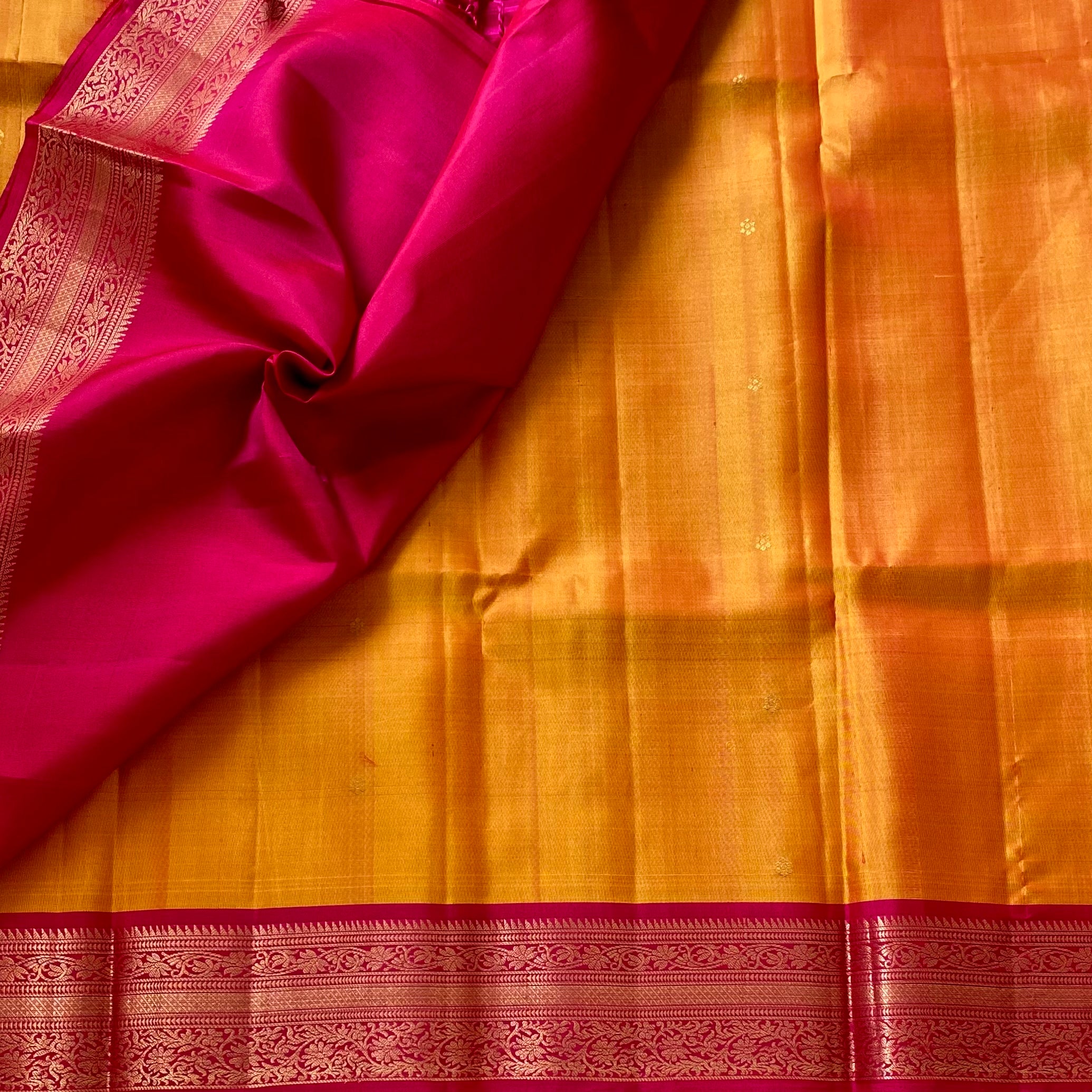 Sunset Yellow Designer Pure Silk Saree Magenta Pink Zari Border