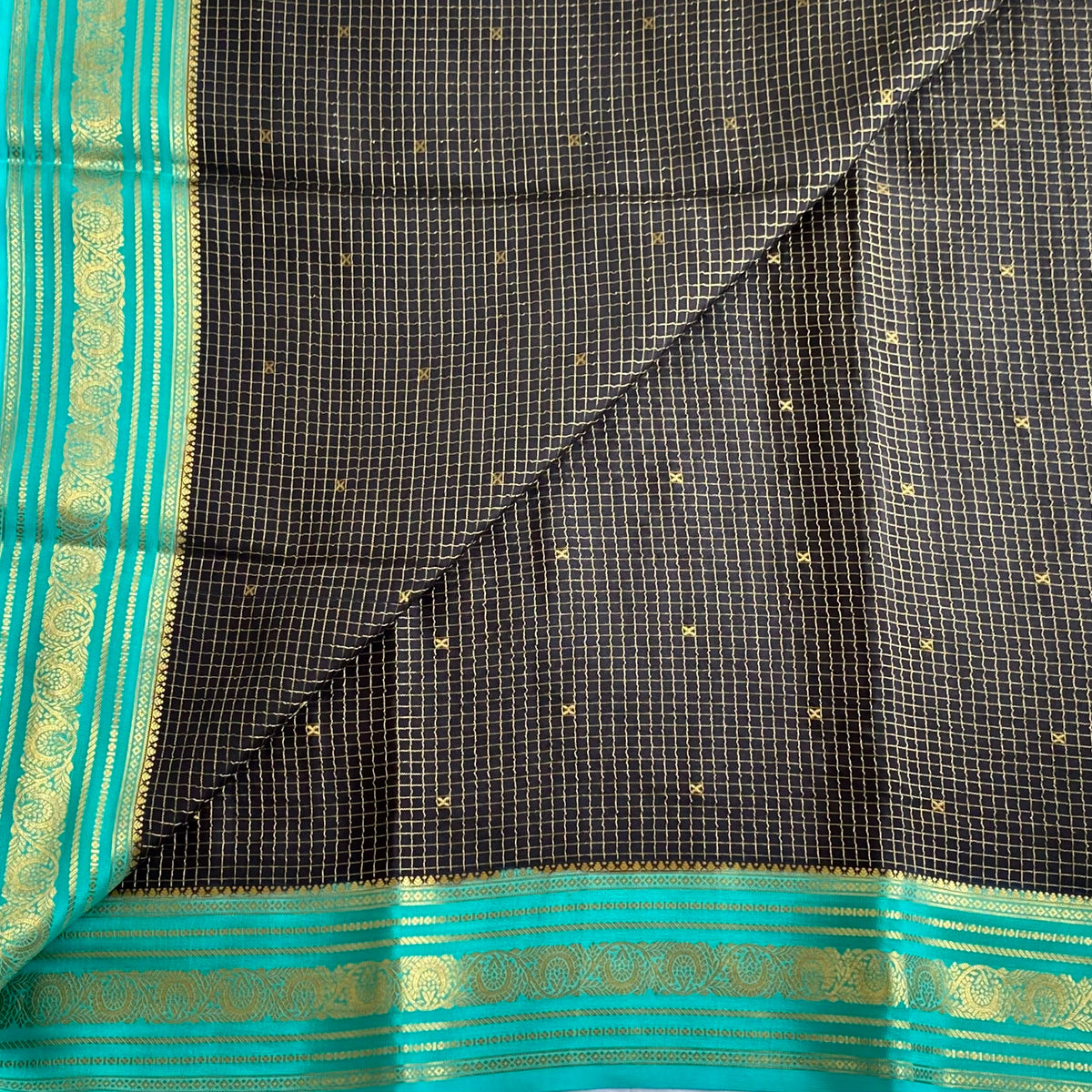 Mysore Crepe Silk Rare Jet Black Saree With Bright Turquoise Pallu Gold Zari