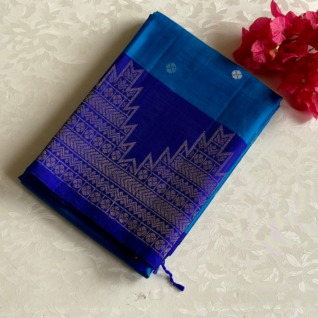 Turquoise Blue With Royal Blue Designer Pure Silk Saree With Temple Borders