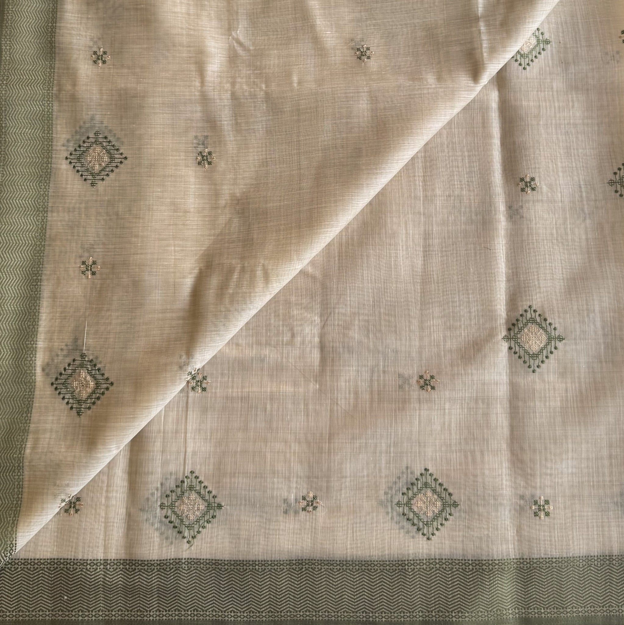 Ivory Olive Diamond Motif Saree with Chevron Border Subtle Gold Zari
