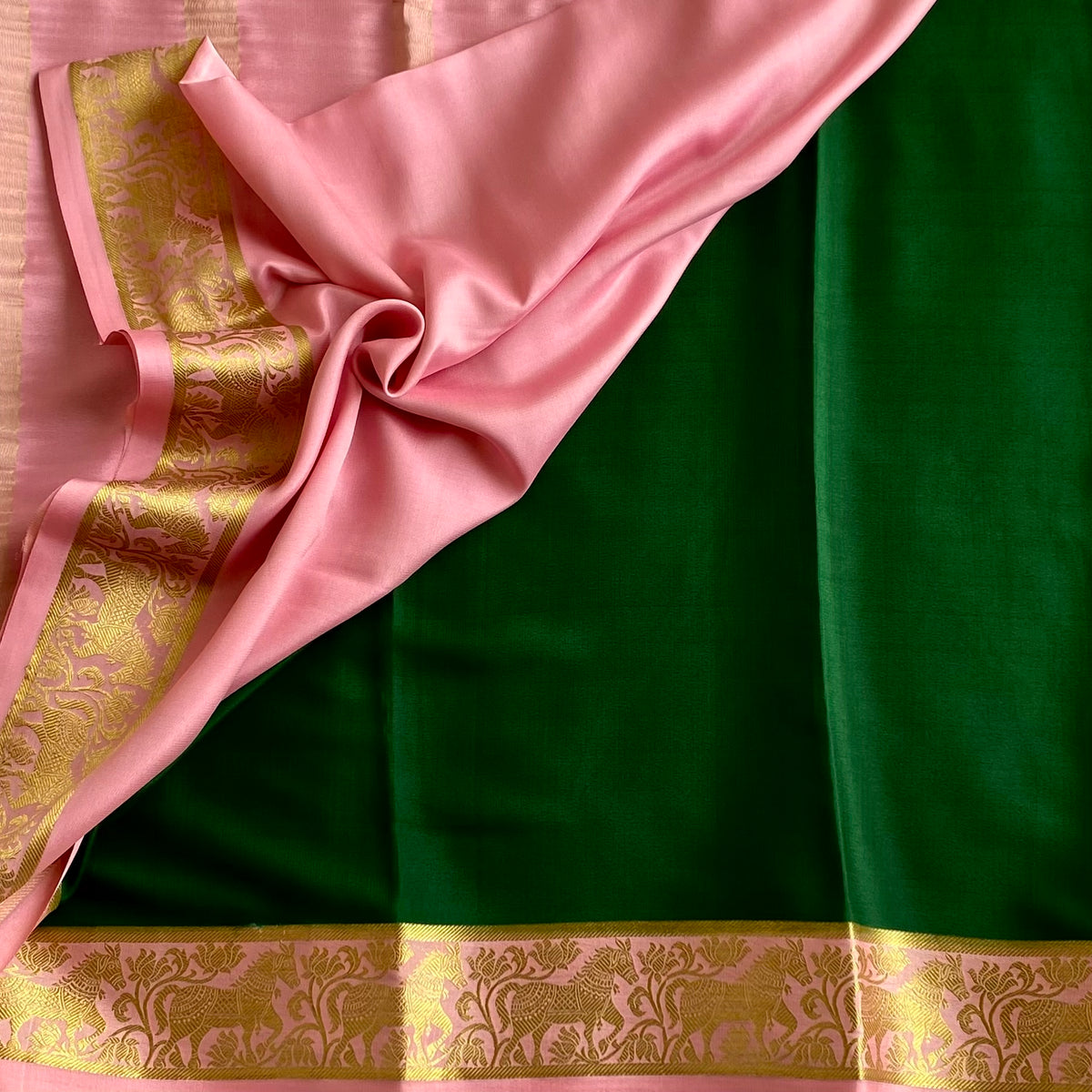 Emerald Green Mysore Crepe Silk Saree With Pastel Pink Pallu Gold Border