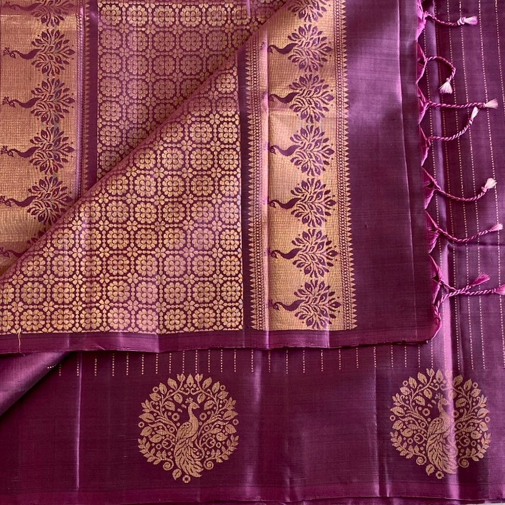Plum Purple Designer Pure Silk Saree With Antique Gold Border And Pallu