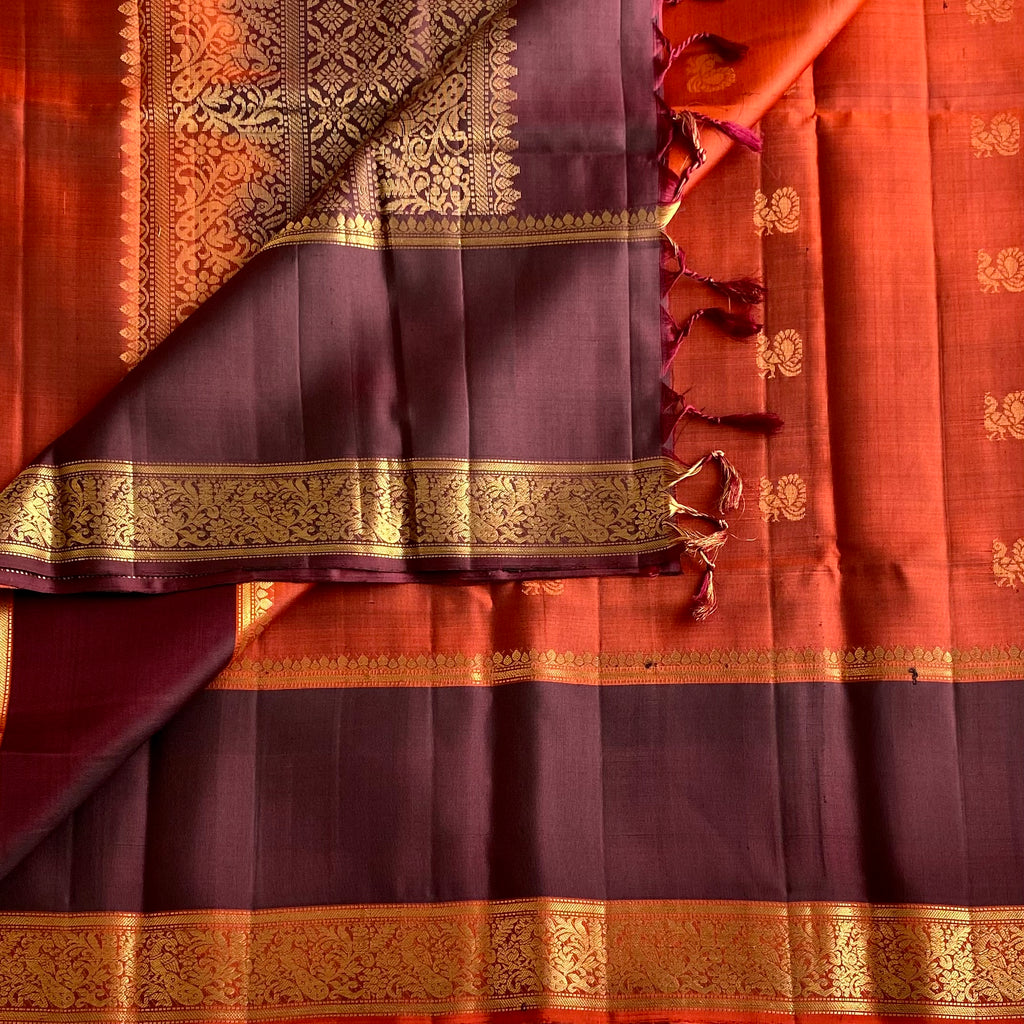 Burnt Orange & Deep Plum Designer Pure Silk Saree