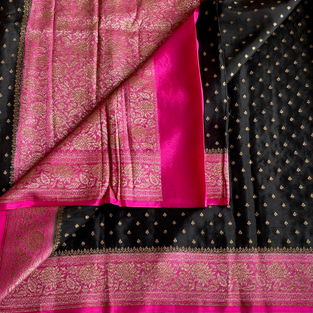 Jet Black Banarasi Crepe Silk Saree With Rani Pink Contrast