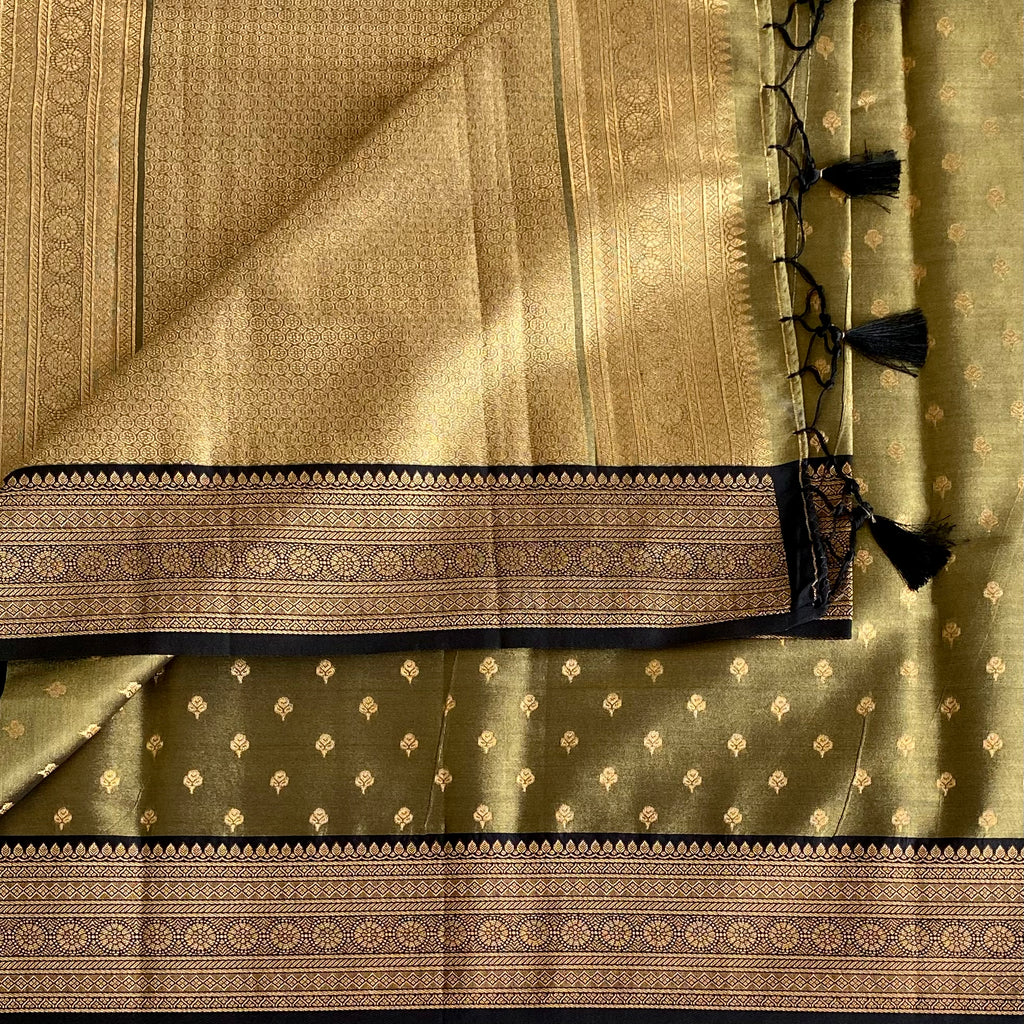 Olive Green Gold Brocade Tissue Silk With Tassel Pallu Border