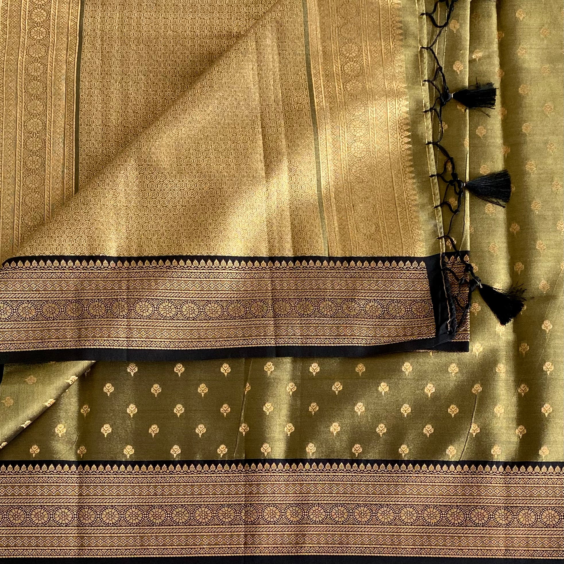Olive Green Gold Brocade Tissue Silk With Tassel Pallu Border
