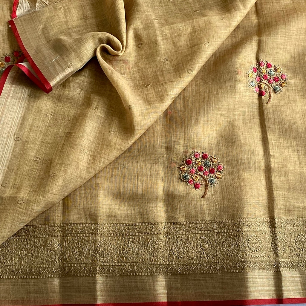 Mustard Gold Soft Linen Embroidered Beauty With Crimson Red Border