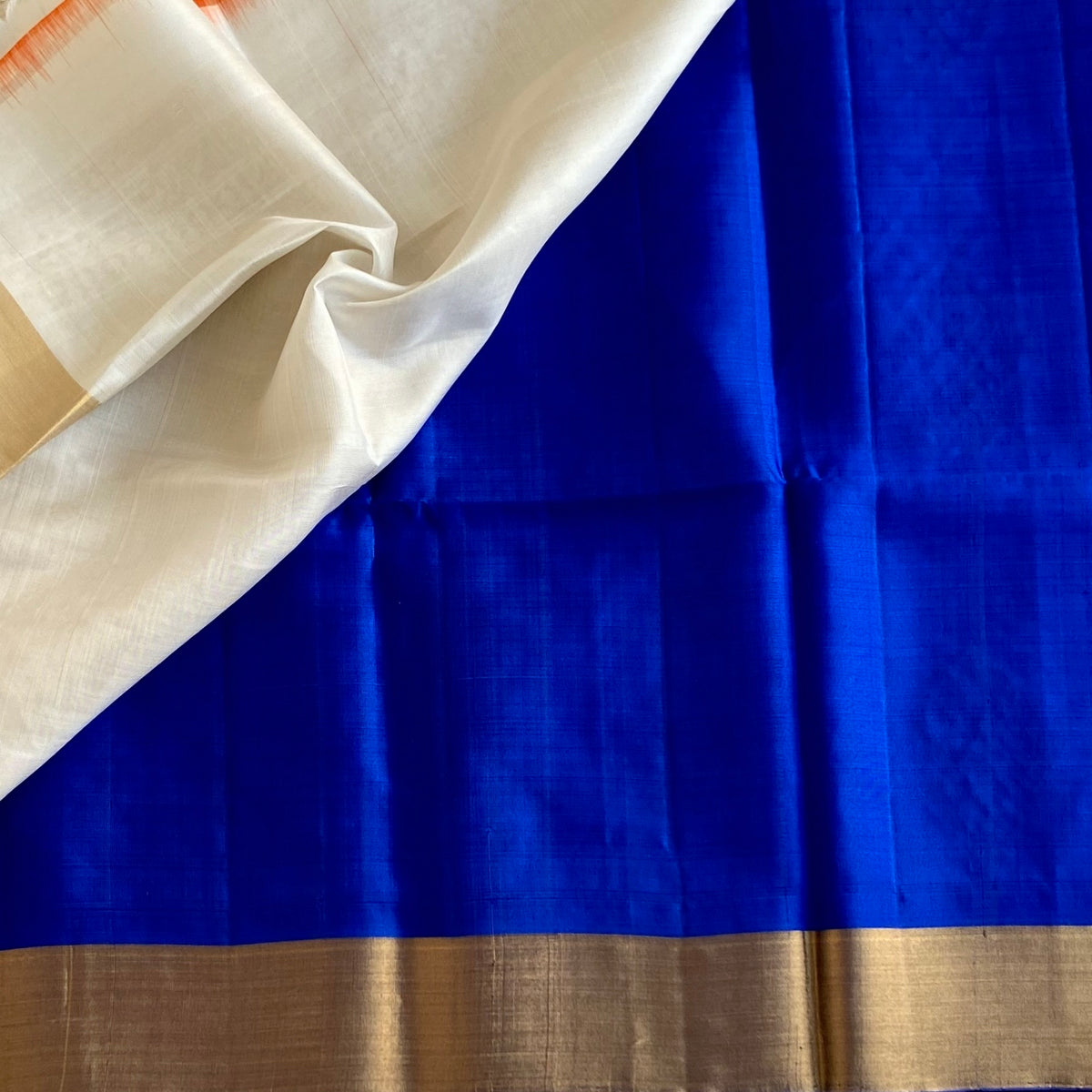 Royal Blue Designer Pure Silk Saree Champagne Beige Pallu Gold Border