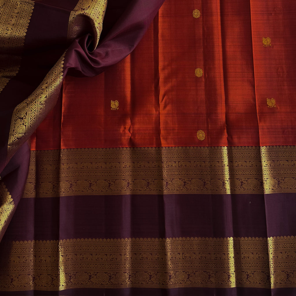 Burnt Orange Maroon Silk Saree With Gold Brocade Traditional Border