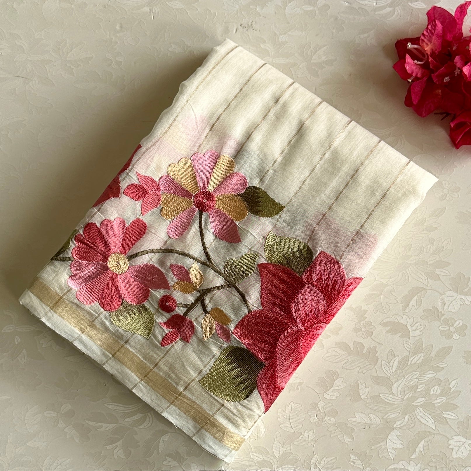 Soft Tussar Silk Pearl White Saree With Rose Pink Floral Border