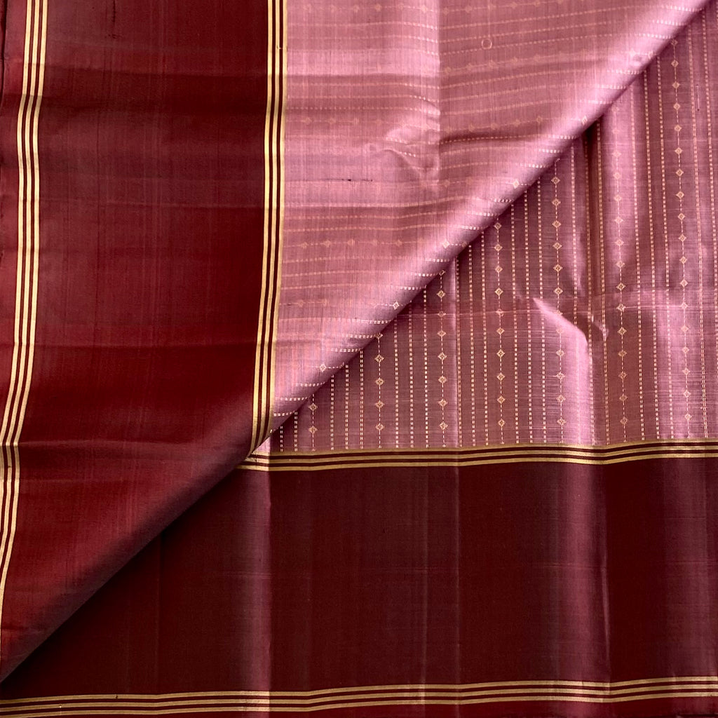 Metallic Mauve & Burgundy Designer Pure Silk Saree With Intricate Gold Zari