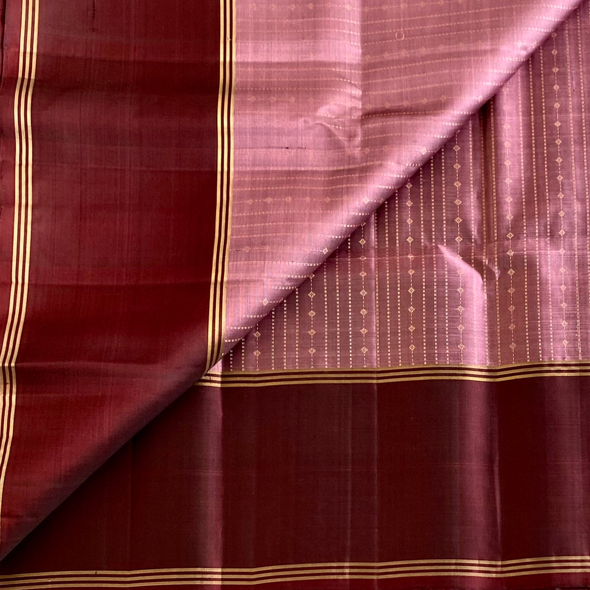 Metallic Mauve & Burgundy Designer Pure Silk Saree With Intricate Gold Zari